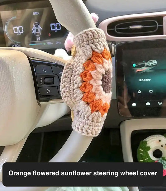 Crocheted Sunflower Woolen Steering Wheel Cover | DIY Material Kit | Finished Product | Yarn Casa