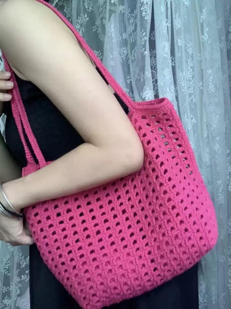 Woolen Waffle Patterned Hollow Mesh Shoulder Bag | DIY Material Kit | Finished Product | Yarn Casa